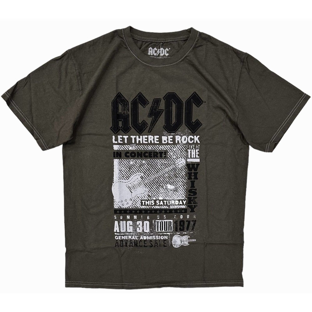 AC/DC Men's Retro Vintage 1977 In Concert Tour Olive Washed Tee T-Shirt
